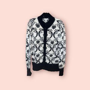 Christina Silk Angora White & Black Button Up Cardigan Floral Swirl Black Size M